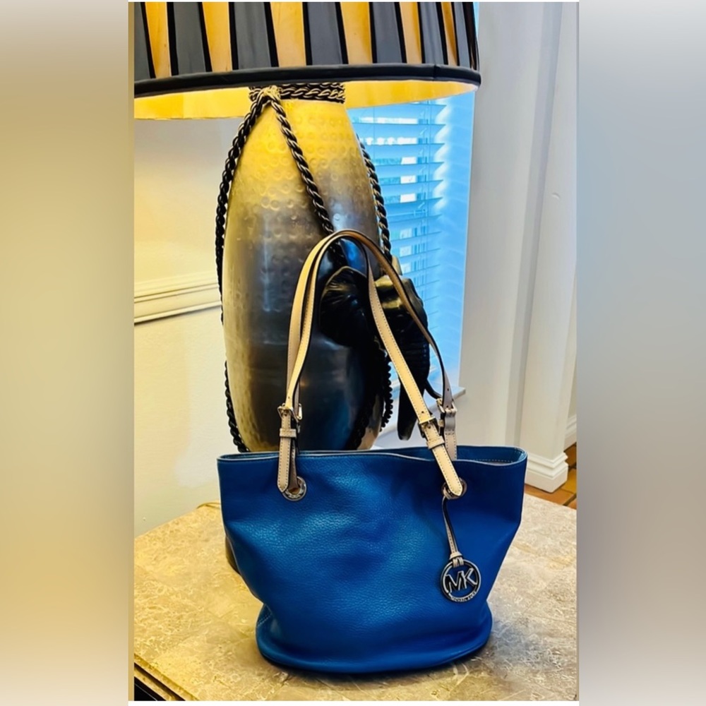 Michael Kors vibrant blue pebble leather tote bag with natural tone tan straps